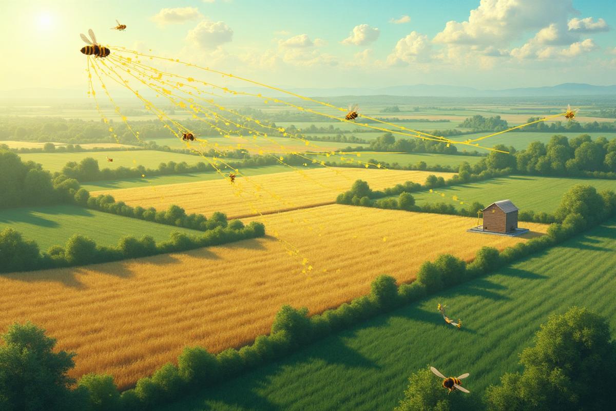 Scientific illustration of bee flight patterns with physics trajectories and GPS mapping