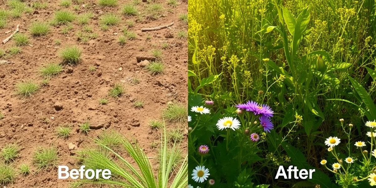 Before and after comparison of land restoration showing transformation from degraded to lush ecosystem