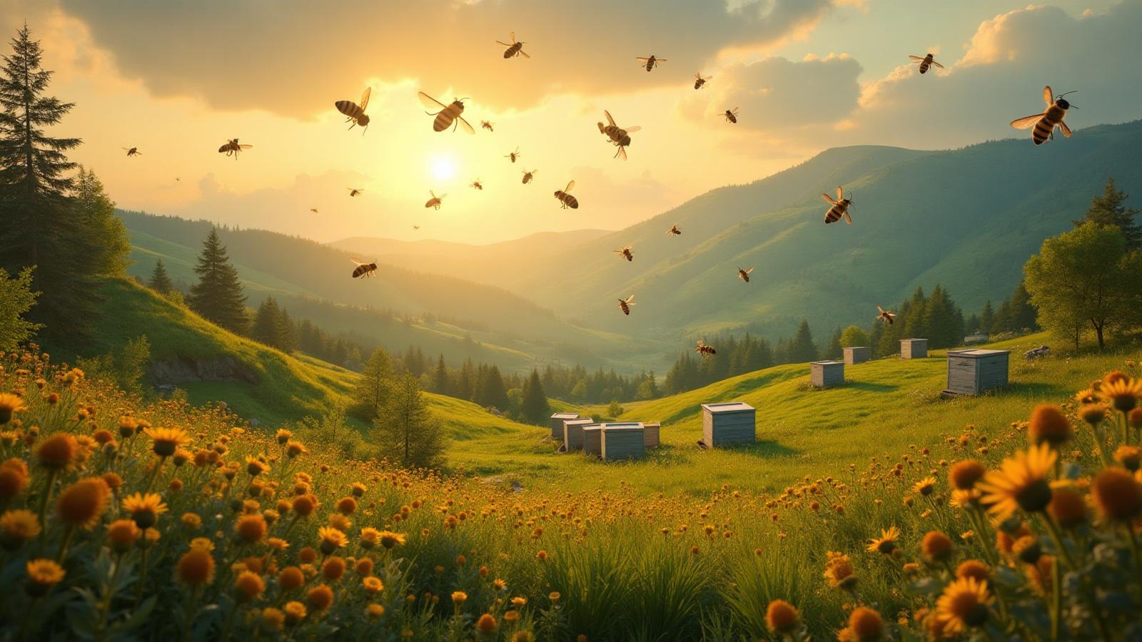 ValleyBee - Bees flying over restored landscape with beehives and wildflowers